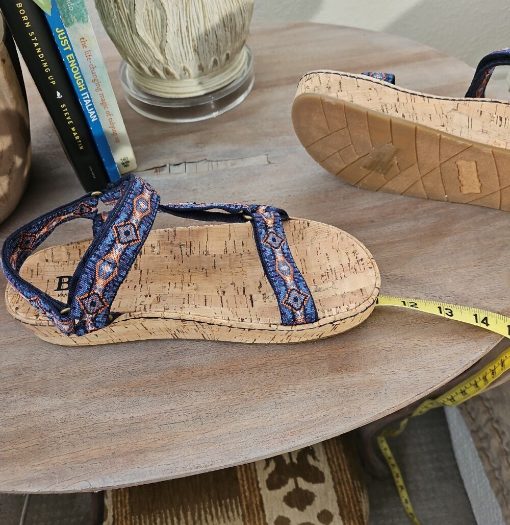 Born Womens Blue and Tan Patterned Cork Wedge Sandals - Picture 6 of 7